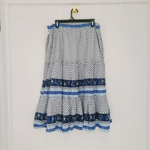 J. Crew Block Print Tiered Maxi Skirt Blue Boho Cotton Size XL - Picture 2 of 9